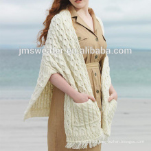 OEM new style lady sweater 3GG cable knit long tippet cardigan with pocket